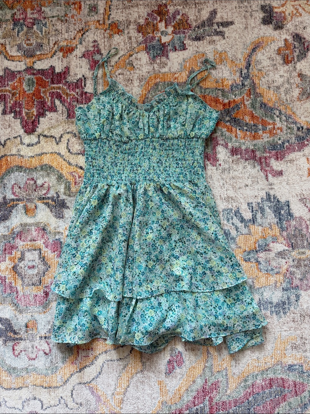 Smocked Floral Mini Dress/Romper in Teal Blue-Green